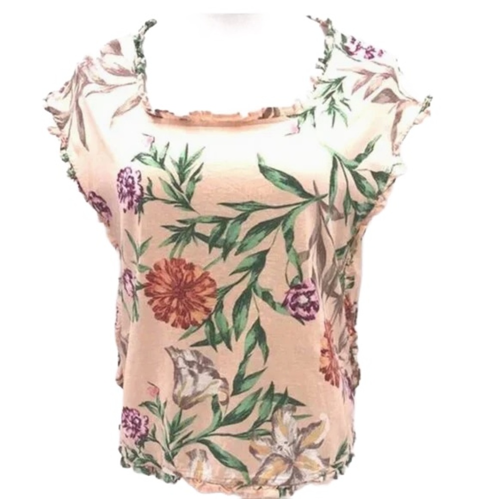 Forcynthia Linen Blend Floral Ruffled Top Peach Spring/Summer FREE SHIPPING